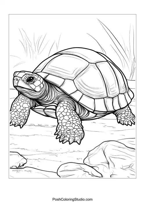 A turtle resting on a rock with a river view.