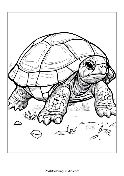 A turtle surrounded by tropical fruits on a beach.