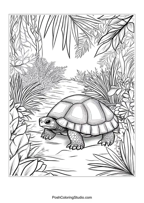 A turtle resting on a beach with palm trees nearby.