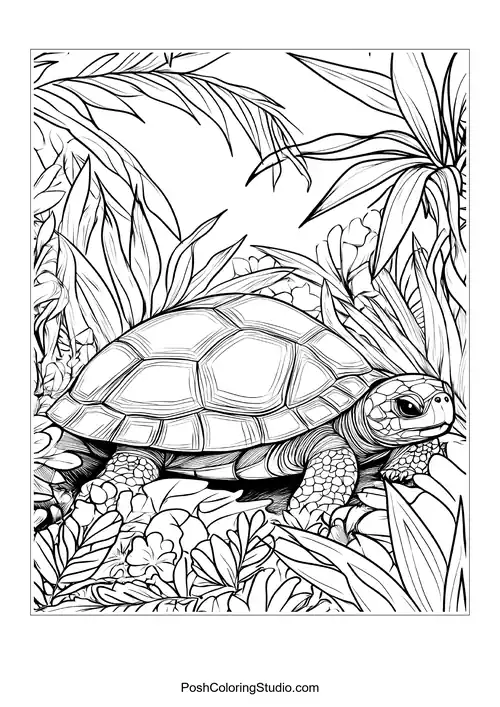 A turtle relaxing in a hammock with palm trees around.