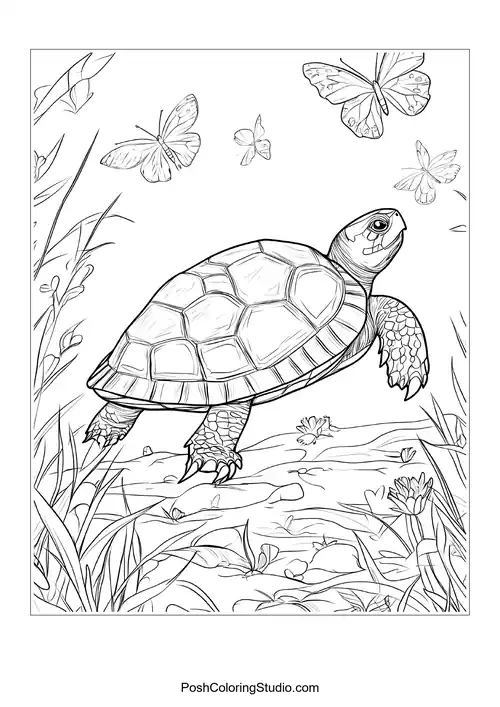 A turtle resting on a rock by a calm lake.