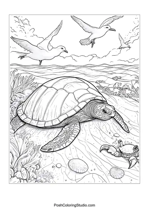 A turtle swimming near a crab and seabirds above.
