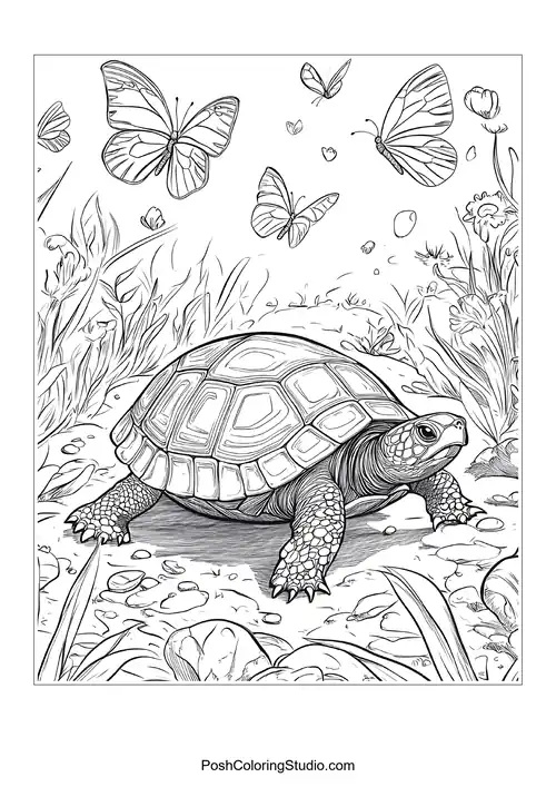 A turtle relaxing on a rock with a lake view.