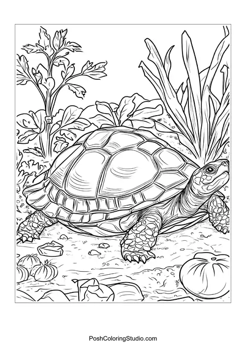 A turtle exploring a beach with fruits and plants.