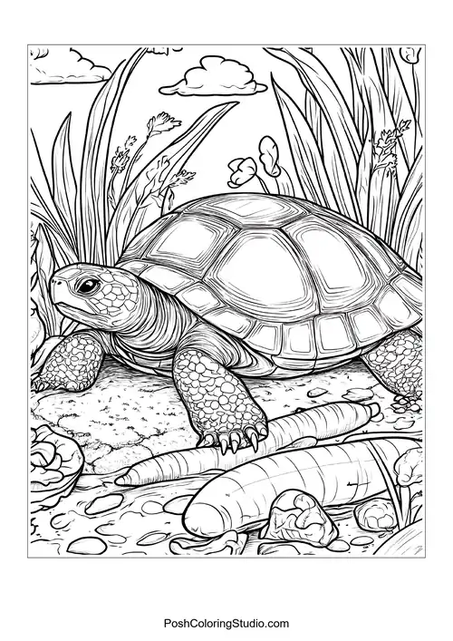 A turtle walking through a garden with vegetables.