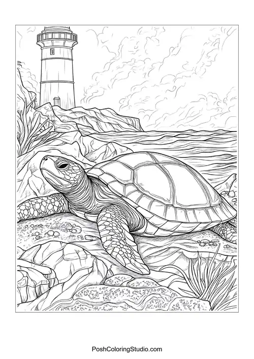 A turtle resting on a rock with a lighthouse nearby.