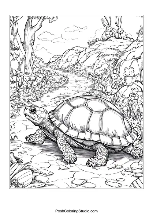 A turtle basking on a rock with a river view.