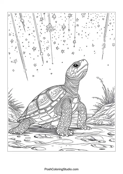 A turtle resting on a rock near a calm river.