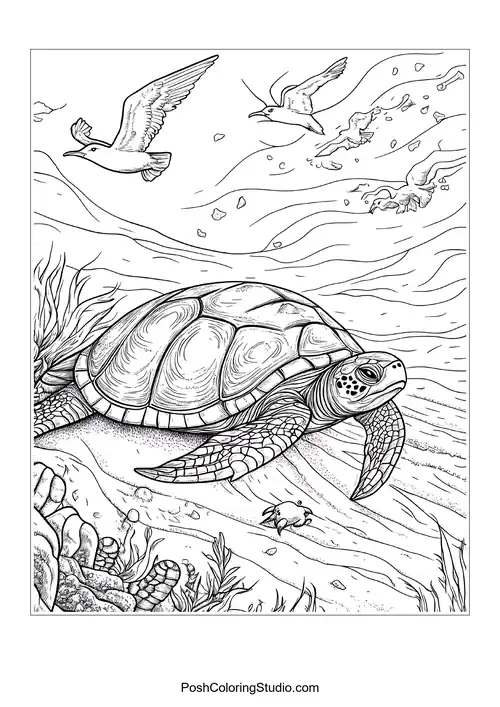 A turtle gliding through water with seabirds flying overhead.
