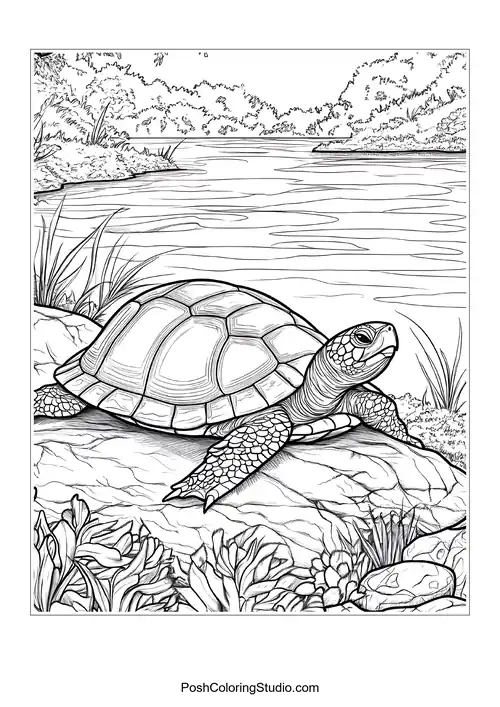 A turtle resting on a rock with a river view.