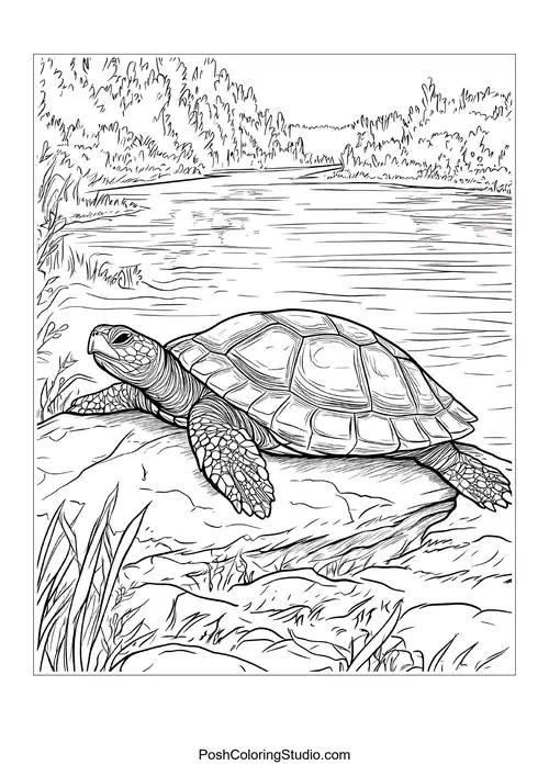 A turtle surrounded by tropical fruits on a beach.
