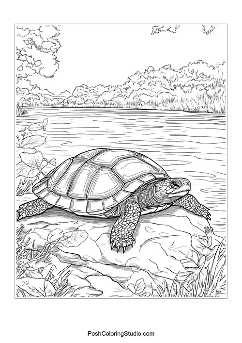 A turtle walking along a forest path with plants around.