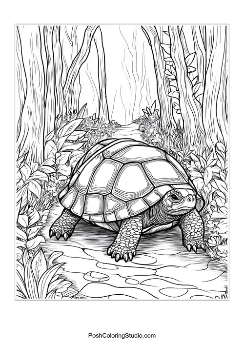 A turtle resting on a beach with palm trees nearby.