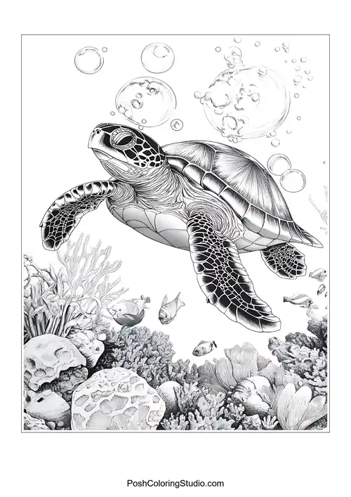 A turtle swimming among coral and bubbles.