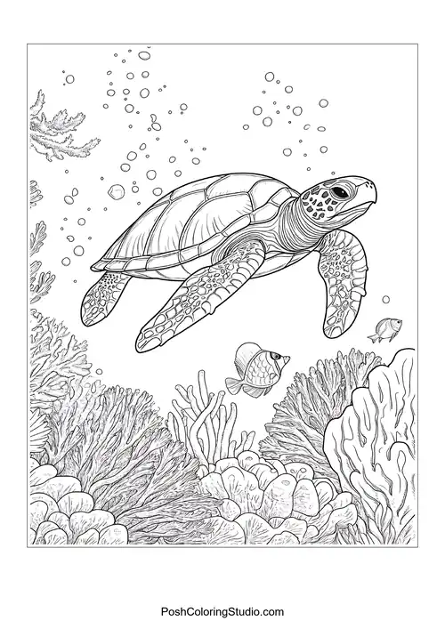 A turtle gliding above coral reefs with fish.