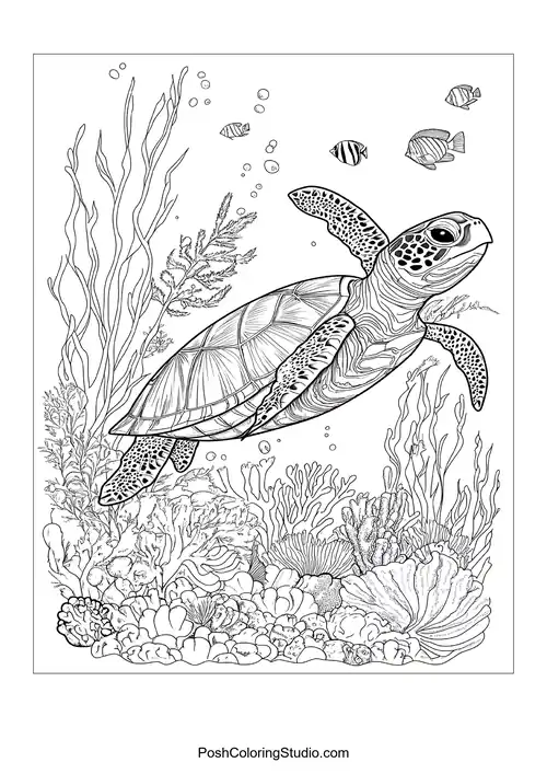 A turtle swimming through seaweed and small fish.
