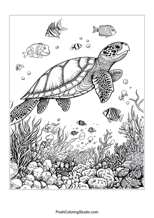 A turtle swimming with various fish in the ocean.