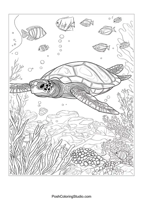 A turtle swimming near coral and small fish.