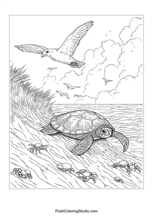 A turtle on a beach with crabs and waves in the background.