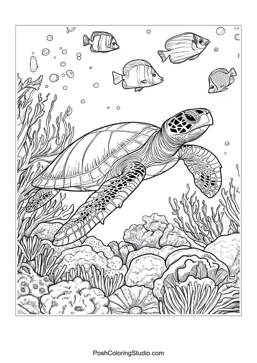 A turtle swimming above colorful coral reefs.