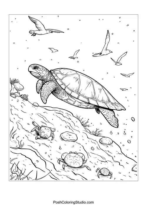 A turtle swimming downwards with coral and shells around.