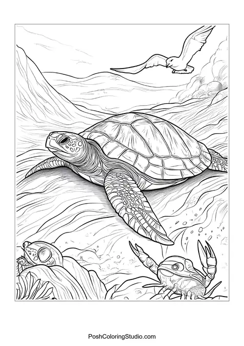 A turtle resting on the ocean floor surrounded by rocks.