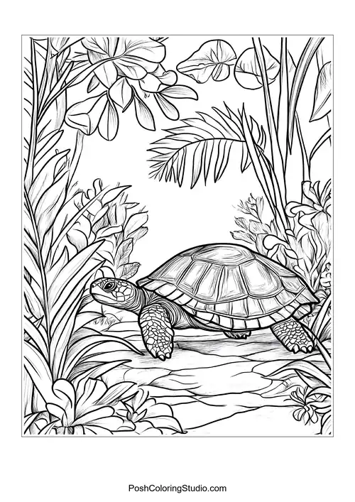 A turtle walking through a lush forest path.