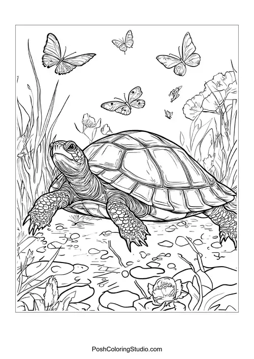 A turtle exploring a garden with flowers and butterflies.