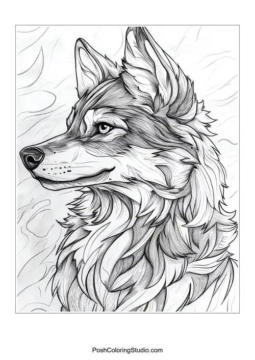 A wolf's head with a gentle expression, surrounded by plants.