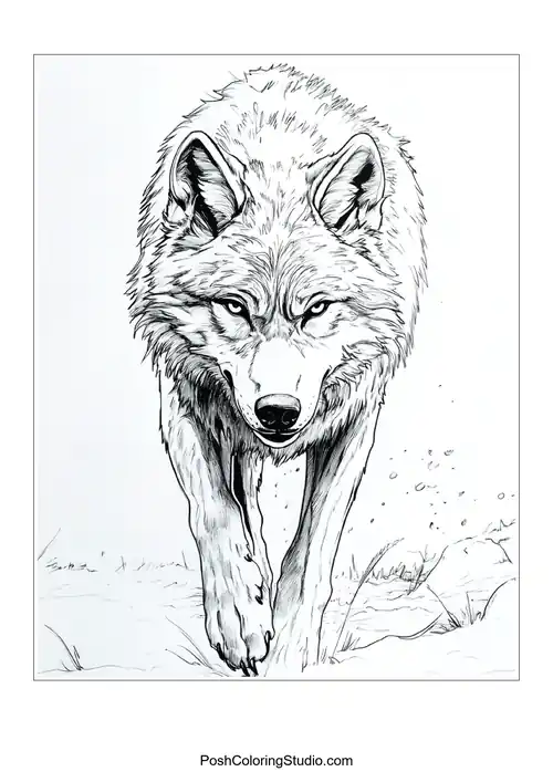 A wolf with a thoughtful expression, nestled in foliage.