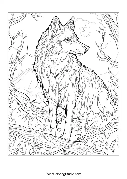 A wolf with a fierce look, surrounded by swirling patterns.