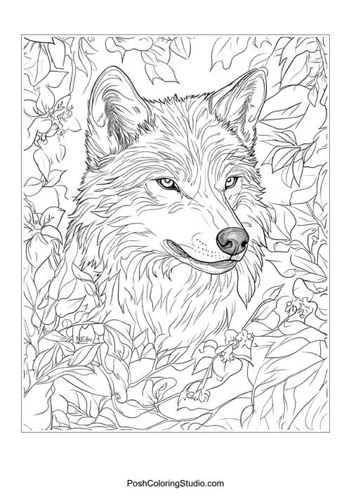 A wolf's head with a fierce expression amidst flowers.