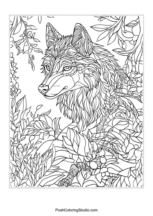 A wolf with a gentle gaze, surrounded by flowers.