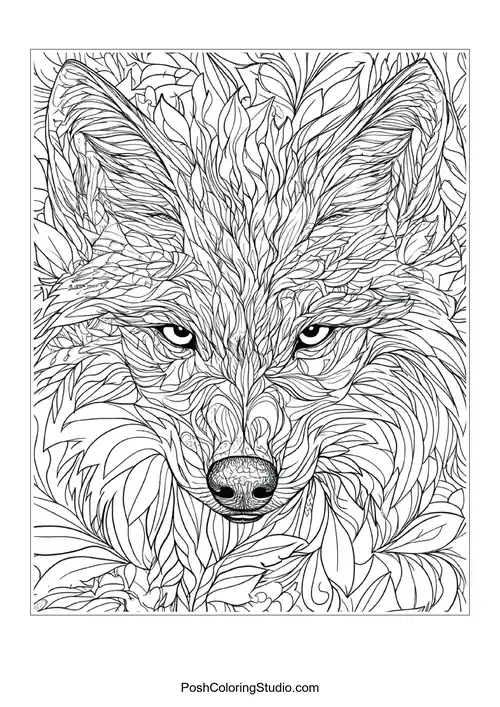 A wolf's head with intricate line patterns and textures.