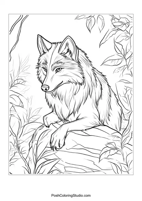 A wolf with a thoughtful expression, surrounded by foliage.