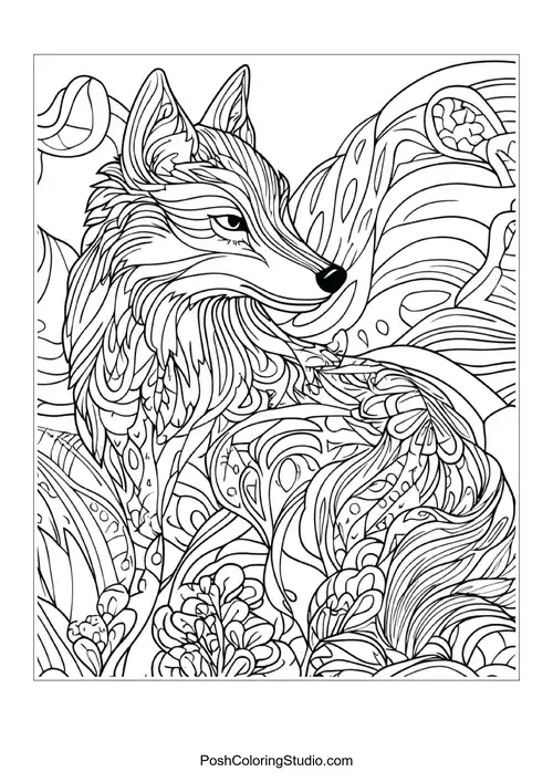 A wolf with a fierce look, surrounded by swirling patterns.