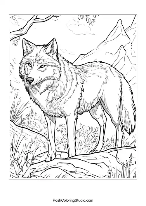 A wolf standing in a forest, looking alert.