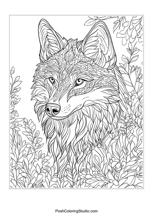 A wolf with a calm expression, surrounded by leaves.
