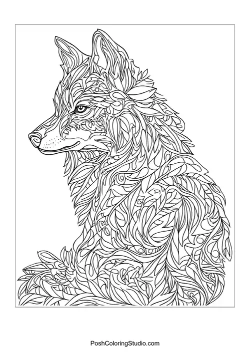 A wolf's head with intricate line patterns and textures.
