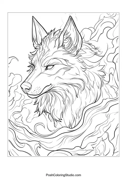 A wolf with a calm expression, surrounded by leaves.