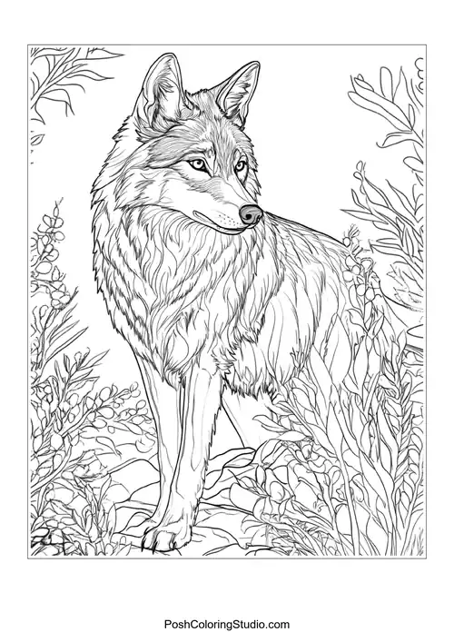 A wolf walking through a forest, surrounded by plants.
