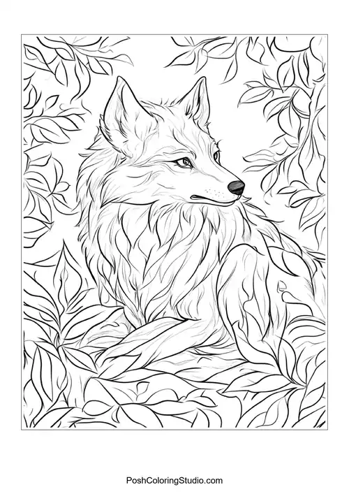 A wolf resting among leaves, looking to the side.