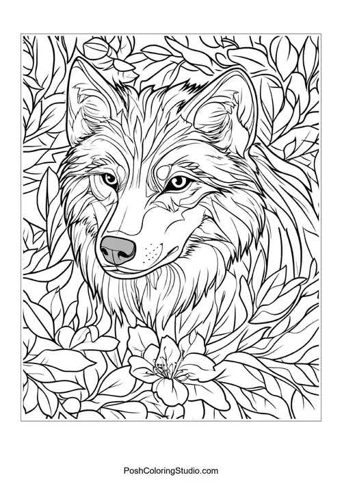 A wolf with a gentle gaze, surrounded by flowers.