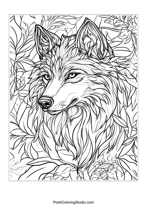 A wolf's head with intricate line patterns and textures.