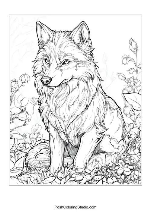 A wolf resting in a field of flowers.