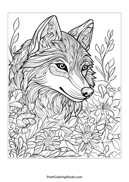 A wolf with a fierce look, surrounded by swirling patterns.