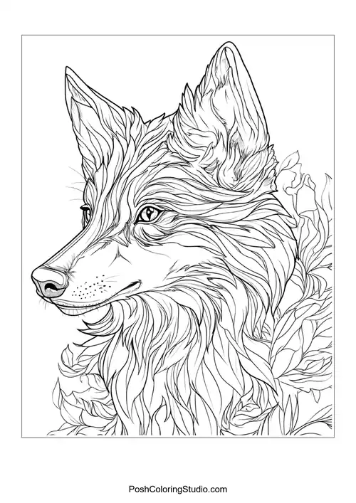 A wolf standing in a forest, looking alert.