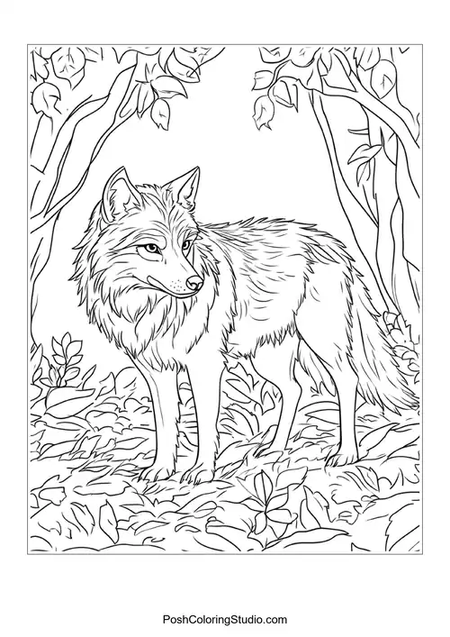A standing wolf with a sly expression amidst dense foliage.