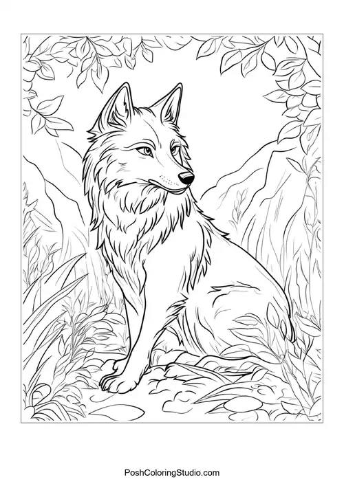 A seated wolf looking sideways with a serene background.
