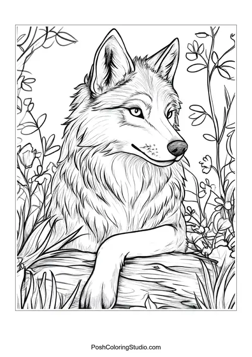 A wolf sitting gracefully with a serene expression.